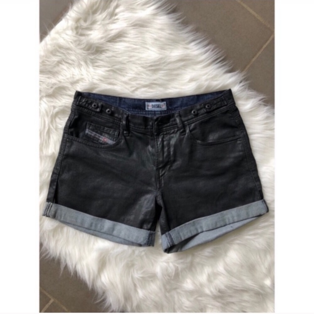 Diesel Faux Leather Black Denim Shorts Size 28